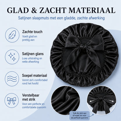 Luxe Bonnet Satijn Verstelbaar - 2 Stuks - Satijnen Slaapmuts - Haarnetjes - Unisex - Zwart