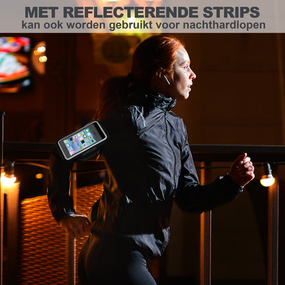 Reflecterende strip op waterdichte telefoonhouder armband