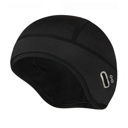Voorkant van zwarte thermo helm muts voor fiets, scooter of motor