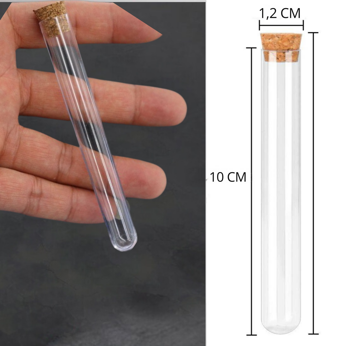 Reageerbuisjes met Kurk - Reageerbuisjes Plastic - 20 stuks - Proefbuisjes - 10 CM lang - 1,2 CM Diameter