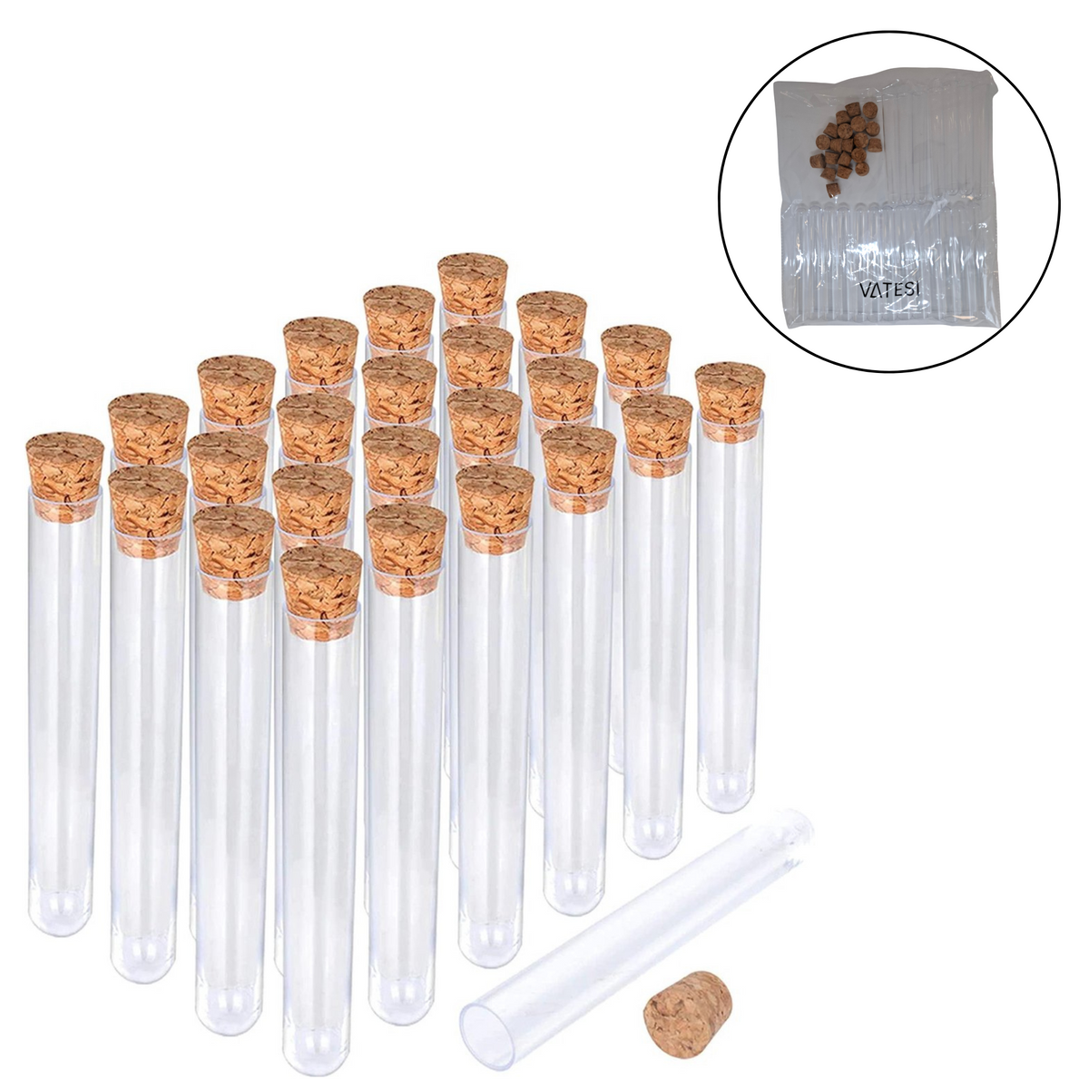 Reageerbuisjes met Kurk - Reageerbuisjes Plastic - 20 stuks - Proefbuisjes - 10 CM lang - 1,2 CM Diameter