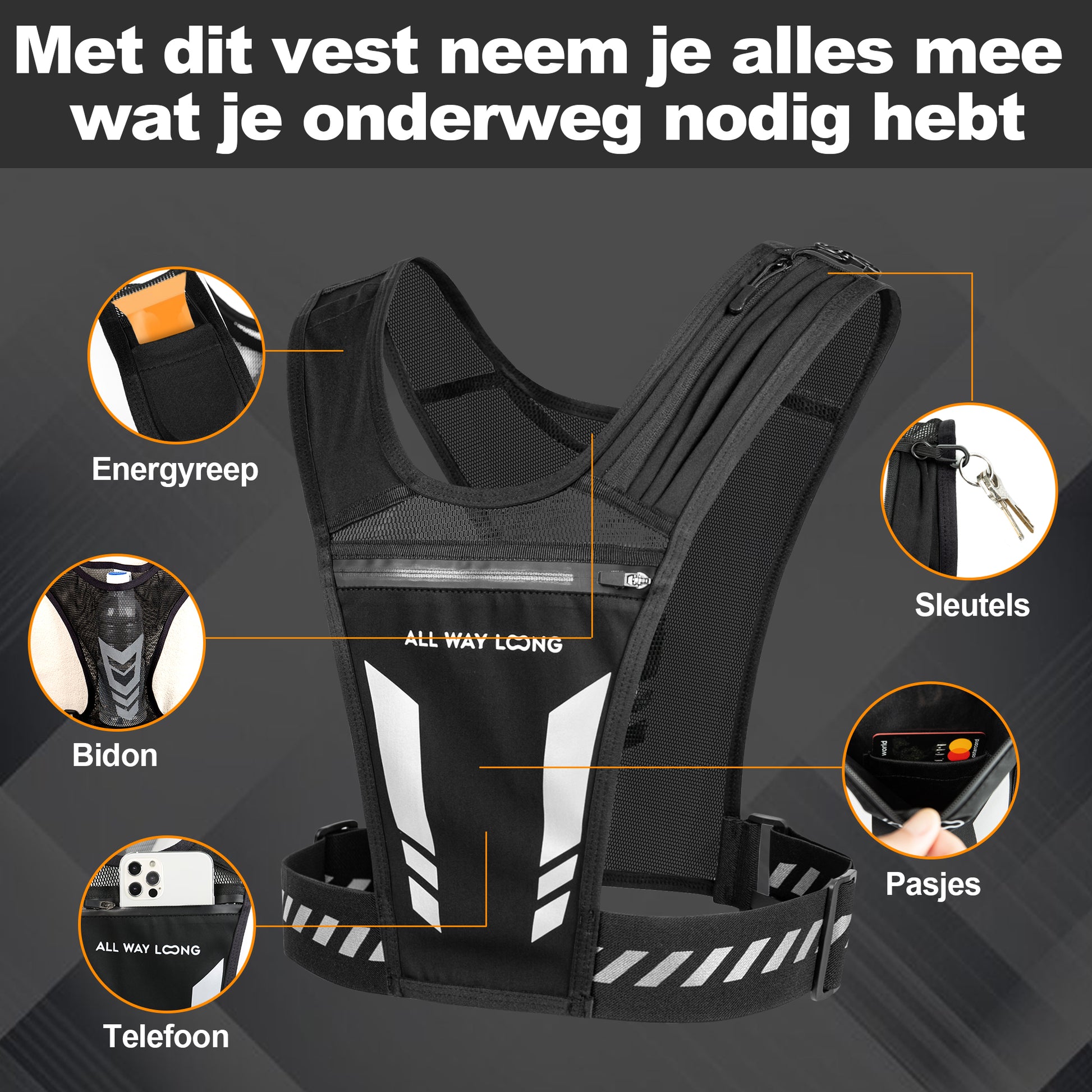 Opbergvakjes voor gelletjes en sleutels op reflecterend hardloopvest