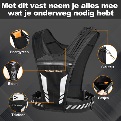 Opbergvakjes voor gelletjes en sleutels op reflecterend hardloopvest