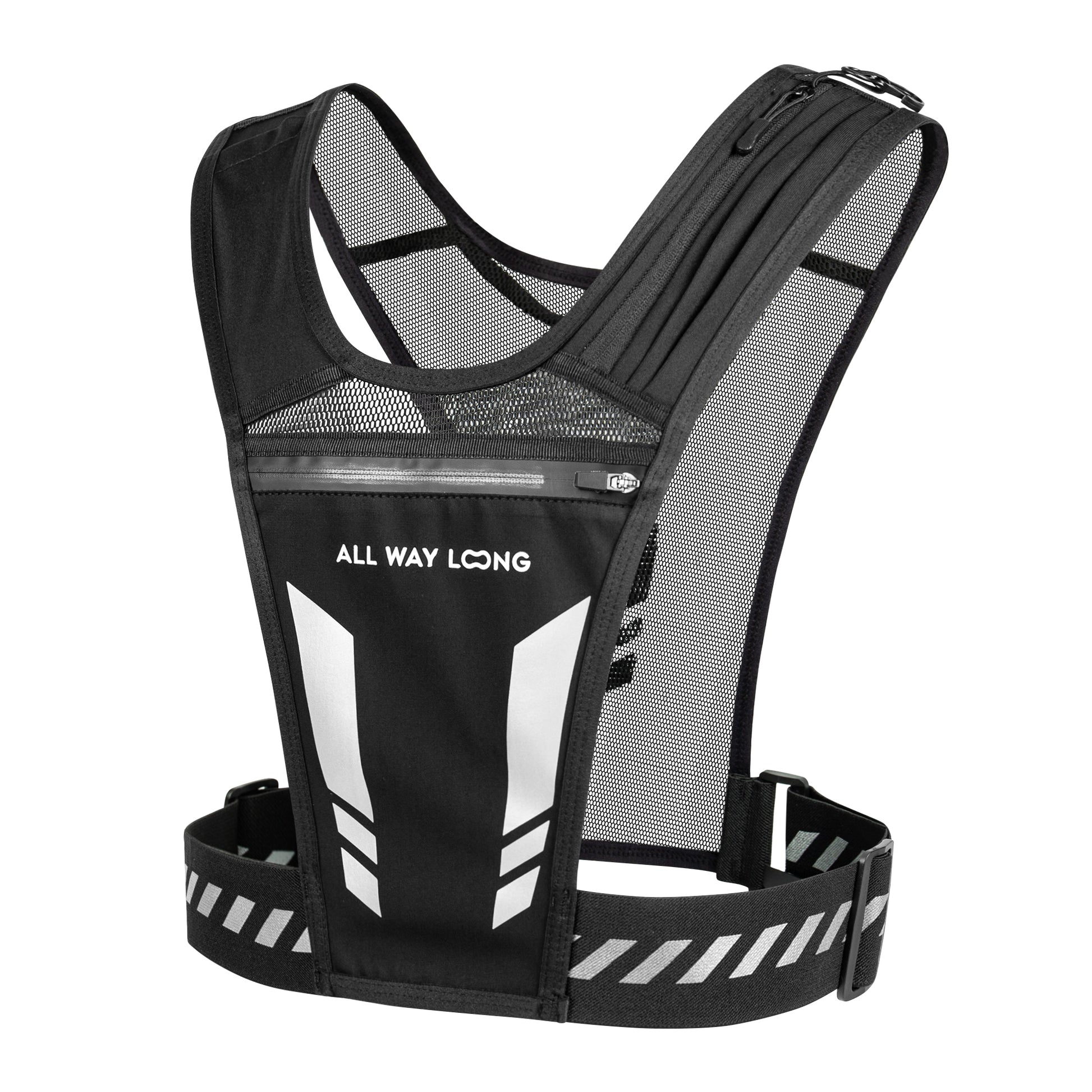 Voorkant van reflecterend hardloopvest met bidon- en telefoonhouder