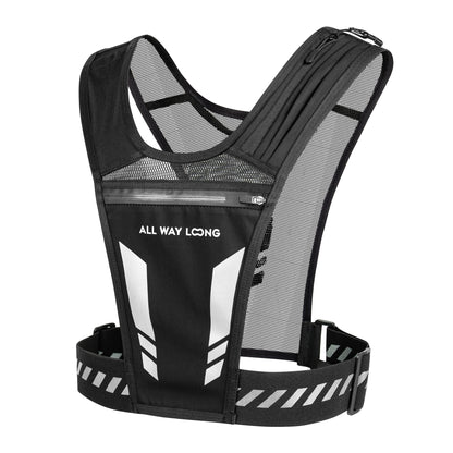 Voorkant van reflecterend hardloopvest met bidon- en telefoonhouder