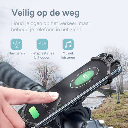 Telefoonhouder gemonteerd op fietsstuur
